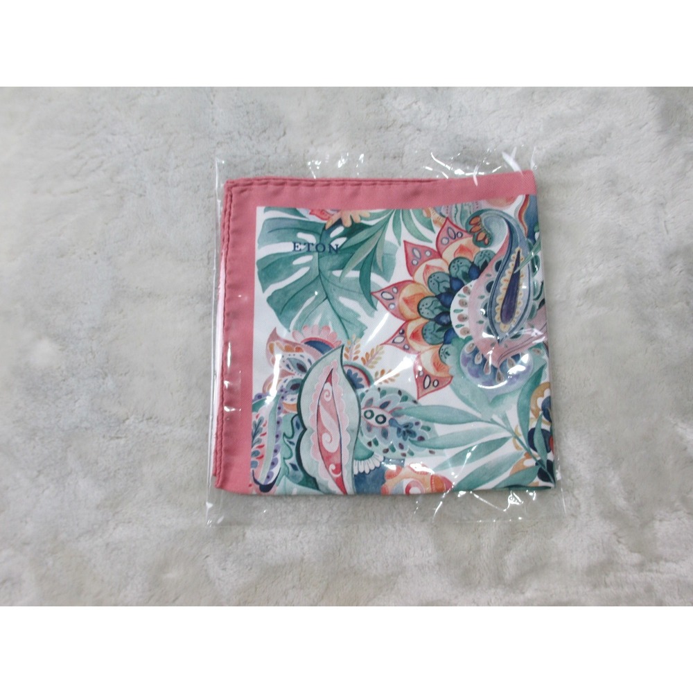 NEW Eton 100% Silk Pocket Square Green Pink Tropical Parrot Floral Italy